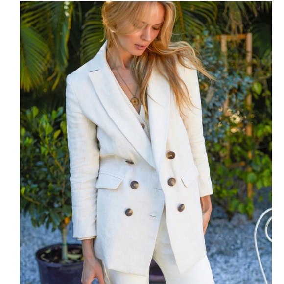 Emerson Fry Lee Beach Linen Cream Double Breasted Button Front Blazer EUC Size 2 - Picture 1 of 8